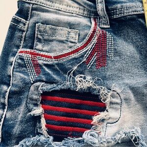 Jean Shorts Blue Red Women’s Flag   Front and Back Sz M 12.5 Waist Stretch 14.5”